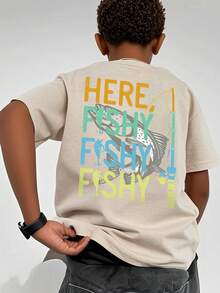 男童休闲印花圆领短袖T恤，夏季上衣 - 杏色 - 查看 8