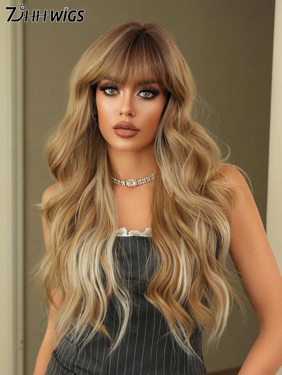7JHH WIGS Long Wave Blonde White Highlight Wigs For Women - Loose Fluffy Wavy Curly Wig With Bangs Dark Roots, Full Machine High Density Synthetic Heat Resistant Fiber Hair Purple Red Wigs For Daily Wear,Halloween Cosplay & Music Festival Party Use 26 Inch - 挑染白色 - 查看 1