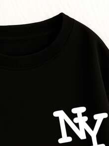 大尺碼女款抓絨圓領運動衫 胸前簡單 NEW YORK 字母印花 保暖休閒圓領衛衣 - 黑色 - 查看 5