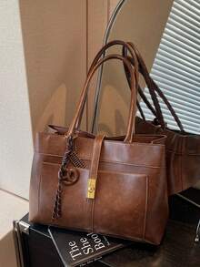 Fashionable New Women's City Commuter Tote Bag, One Shoulder Underarm Bag With Metal Twist Lock Decoration, Comes With Personalized Pendant, Elegant And High-Quality, Suitable For Commuting, Shopping, Work And Other Occasions