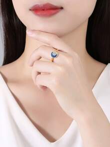 Kaletine 1 Piece 925 Sterling Silver Rings For Women Blue Sparkling Moon Zirconia Rings Fashion Engagement Wedding Jewelry Gift