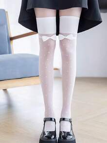 1 Pair Black Sexy Thigh High Stockings With Wide Ribbed Trim And Bow Accent