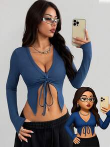 AITYI Studio Women's T-Shirt, Fashion Outdoor Casual Daily Commute Asymmetrical Hem Drawstring Design, Sweet For Back To School, Graduation, Christmas, New Year 2025 Autumn New Knit Comfortable Top