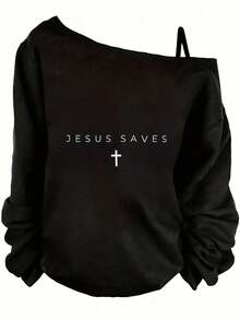 Jesus Saves Off Shoulder Sweatshirt - Women's Christian Religious Pullover, Long Sleeve, Relaxed Fit, Comfy And Stylish Top - Ideal For Everyday Wear, Church, Or Bible Study - Perfect Gift For Easter, Christmas, Or Any Religious Occasion. -Plus Size Asymmetric Neck Long Sleeve Sweatshirt - Women's Fall Top