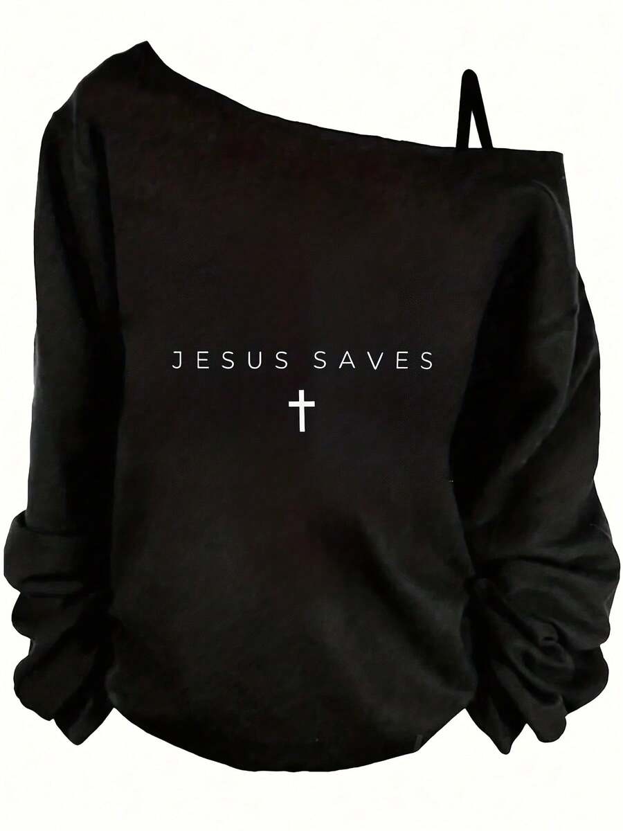Jesus Saves Off Shoulder Sweatshirt - Women's Christian Religious Pullover, Long Sleeve, Relaxed Fit, Comfy And Stylish Top - Ideal For Everyday Wear, Church, Or Bible Study - Perfect Gift For Easter, Christmas, Or Any Religious Occasion. -Plus Size Asymmetric Neck Long Sleeve Sweatshirt - Women's Fall Top