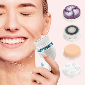 Elektrisk ansiktsrengöringsborste med 4 borsthuvuden, ansiktsexfolierande massageapparat med stativ, djuprengöring och ansiktsmassage, batteridriven, lämplig för sminkborttagning