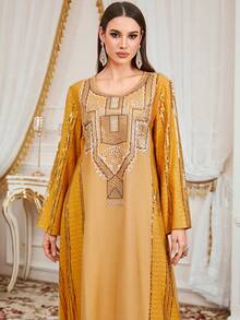 Vestido largo de bata de tela tejida para mujer, cuello redondo largo con lentejuelas brillantes y decoración de bordado, amarillo primavera - Amarillo - Ver 6