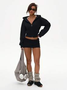 WAKYME Versatile Dark Grey Cinched Waist Sweatshirt For Women, Loose Casual Streetwear Round Neck Pullover Sweatshirt, Autumn/Winter - Black - View 3