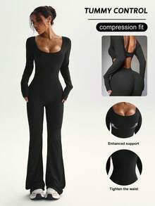 FWH Fashionable Outdoor Yoga, Pilates, Commuting, Dating, Layering Essential Item. This Stretchy Sexy Jumpsuit Features Ruched Butt Design, Lifting And Slimming Effect, Removable Built-In Bra, Long Sleeves, Elegant Back Design, High-End Flared Leg, High-Waisted Tummy Control, Brightening And Radiant.