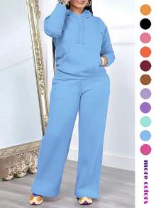 女士休闲两件套，纯色优雅长袖连帽卫衣（带抽绳口袋）和直筒抽绳长裤，春季款 - 淺藍色 - 查看 3