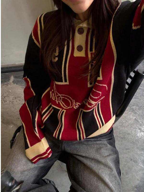 Women Fashionable Casual Sportswear Autumn And Winter Retro Jacquard Pattern Design, Polo Collar Button Design, Long-Sleeved Knitted Sweater