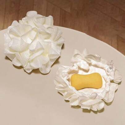 1 件二合一可扩展沐浴球、皂膜设计和去角质荷叶边超柔软沐浴海绵、大号双纹理沐浴球，带来温和清洁和浅米色柔滑体验、浴室配件、浴缸升级项目、装饰性浴缸项目、耐用浴室工具