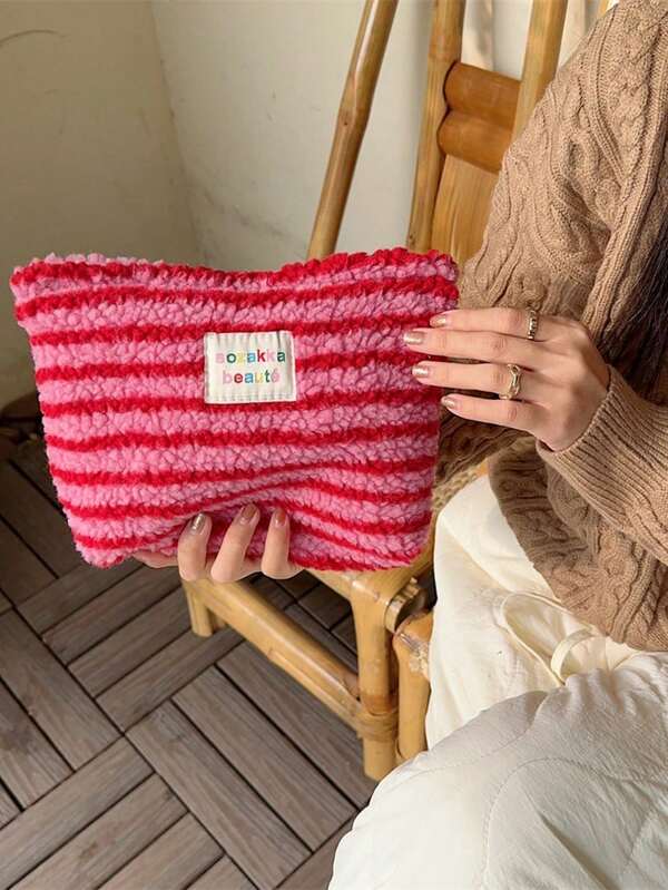 1 pieza Bolsa de cosméticos de moda con rayas retro para mujer, bolso de embrague de gran capacidad, bolsa de maquillaje Kawaii, estuche para teléfono y llaves, organizador de cosméticos de viaje