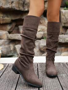 秋冬女装时尚仿麂皮尖头过膝长靴，咖啡棕色及膝长靴，褶皱设计慵懒风长靴，简约别致百搭礼服靴，中跟粗跟过膝长靴，派对靴 - 咖啡棕 - 查看 4
