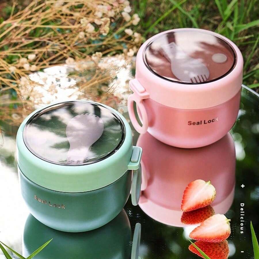 1個 600ml PP材質便攜式早餐杯，密封食品容器，旅行早餐容器，水果燕麥早餐杯，粉色、綠色、白色、藍色可選，適用於辦公室、工作日、學校、大學和其他場合，可用於早餐、工作餐準備、午餐、戶外食品儲存杯、居家早餐杯，也適合健身愛好者、戶外探險者、家庭主婦等人。防漏設計，輕巧便攜。