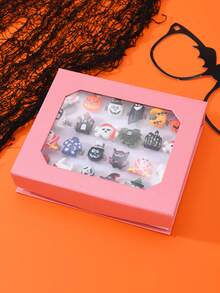 24 szt./pudełko, 24 szt. w kształcie serca, 24 szt. luzem, 12 szt. luzem zestaw pierścionków dekoracyjnych na Halloween, lampion z dyni, kapelusz czarownicy, duchy i inne dekoracje z żywicy, delikatna biżuteria na palec "cukierek albo psikus"