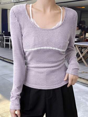 Minimalist Slightly Sexy Purple Fitted Long Sleeve T-Shirt, Layering Piece For Autumn/Winter Lace Patchwork Sweet Fitted Blouse, Can Be Worn Alone In Early Autumn