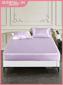 2/3pcs Luxury Satin Bed Sheet Set, Includes 1pc Deep Pocket Fitted Sheet And 1/2pc Pillowcase - 100% Polyester, Solid Color, Silky Smooth, Suitable For All Seasons - Machine Washable - Suitable For Home And Hotel, Oeko-Tex Certified - Taro Purple - View 2