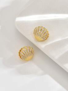 1 Pair Shiny Gold Shell Stud Earrings Inlaid With Sparkling Rhinestones, Vibrant And Elegant To Add A Romantic Touch To Your Look