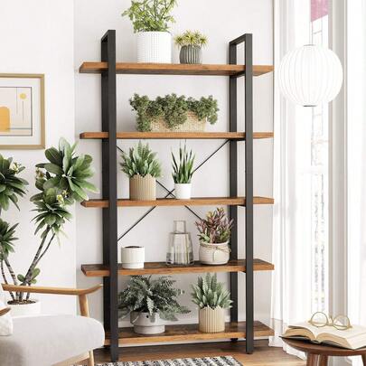 Sturdy 5-Tier Living Room Industrial Design Bookcase Easy Assembly for Living Room Bedroom Office Vintage