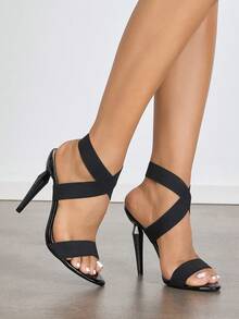 Jin Bei Qi Women's High Heel Shoes, Suitable For Spring, Summer, Night Parties, Gatherings, Outdoor, Fashion, Elegant, High-End Banquet, Electroplated Black Thin High Heel, Round Toe, Shiny, Transparent Strap , Elastic Strap With Large Stone Texture Material, Sexy, Elegant, Luxurious Black High Heel Sandals, Suitable For Commuting, Paired With Autumn Women's Clothing - Black - View 2