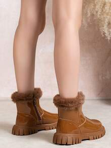 Brown Patent Leather Girls Ankle Boots For 6-18 Years, 2025 Winter New Boots Waterproof Breathable All-Leather, Fleece-Lined Warm Princess Boots With Fur Trim, Fashion Short Dress Boots For Teens And Kids