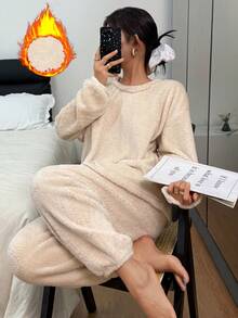 2pcs Simple Flannel Sleepwear Set - Plush Fleece Solid Crew Neck Long Sleeve Top And Elastic Waist Pants, Warm And Comfortable Loungewear For Women, Autumn/Winter,Two Pieces Set, Fall Winter Clothes, Cozy Outfit, Fluffy Pajama