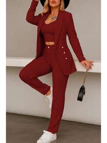 Conjunto elegante de blazer y pantalón de manga larga con cuello chal y doble botonadura para mujer, tejido elástico medio. - Burdeos - Ver 3