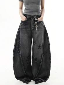 1件 Hearty Haven 男士复古做旧宽松阔腿牛仔裤，休闲街头风长裤（不含腰带或配饰） - 黑色 - 查看 4