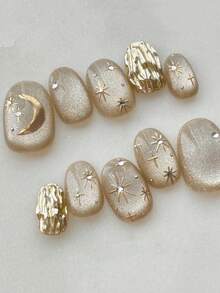 10 Pegatinas de uñas con forma de almendra en color dorado con patrones de estrellas y lunas, adecuadas para uso diario y festivo, reutilizables, ideales para mujeres y niñas, adorables pegatinas de uñas.