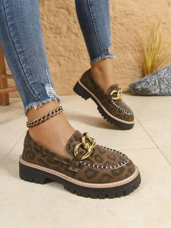 Spring & Autumn Splicing Leather Surface Fashionable Lady Elegant Style Comfortable Casual Slip-On Shoes, Waterproof Platform, Solid Color Metal Buckle, Leopard Print Thick Sole Loafers