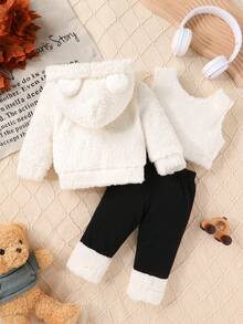 3pcs Set, Casual Elegant Sweet Cute Baby Girl Clothes, Soft Comfortable Baby Girl Autumn/Winter Outfit, Cartoon Embroidered Teddy Bear Hooded Zipper Jacket Long Sleeve Coat, Solid Color Teddy Bear Vest And Patchwork Leggings Set, Suitable For Daily, Vacation, Party, Outing - Multicolor - View 3