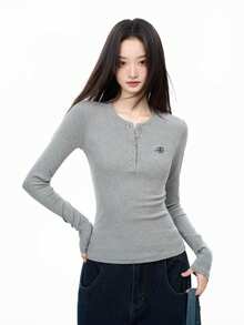 American Sexy V-Neck Long Sleeve Knit T-Shirt For Women, Slim Fit, Flattering Shoulder, Ribbed Knit Pullover Top, Spring/Autumn - Grey - View 5