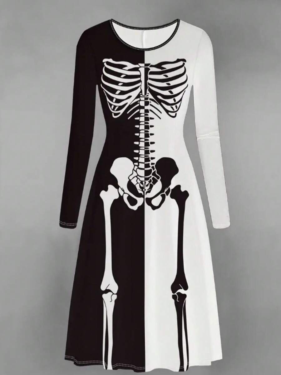 女士印花长袖休闲撞色连衣裙 - 神秘骷髅图案连衣裙，黑白配色，适合主题派对、嘉年华、独特设计、暗黑主题活动 - 黑與白 - 查看 1