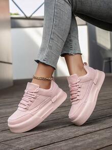Women's Simple Patchwork Comfortable Versatile Casual Black Flat Shoes, Personalized Outdoor Fashion Business Lace-Up Skateboard Sneakers - Pink - View 6