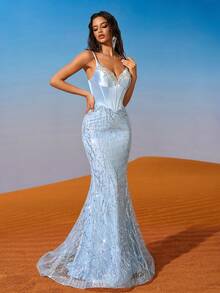 AOSHABABI 浅蓝色无袖可调节肩带长裙，手工水钻装饰紧身胸衣，美人鱼下摆搭配闪亮星光装饰，交叉背部设计，适合正式场合、音乐节、联欢晚会、婚礼嘉宾、节日派对、舞会、鸡尾酒会、约会、度假和伴娘礼服 - 淺藍色 - 查看 2