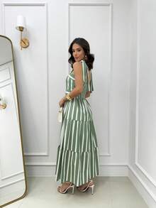 15 Striped All-Over Print Ruched Fabric Ruffle Hem Wedding Dresses - Aqua Green - View 2