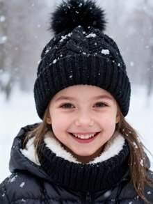 1 件针织帽女童男童厚羊毛帽儿童保暖柔软帽小孩可爱绒球针织帽适合冬季户外使用