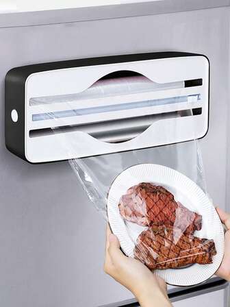 1pc Double Compartment Cling Film Cutter,2-In-1 Kitchen Cling Film Dispenser,Magnetic Plastic Packaging Film Dispenser,Plastic Wrap Dispenser With Slide Cutter,Strong Suction Cup Cling Film Cutter,Kitchen Wrap Dispenser,Fresh Bag Cutting Holder,Tin Foil Paper Cutter,Multifunctional Cling Film Dispenser With Cutter,Dual Slot Design Can Store Two Rolls Of Cling Film At Once