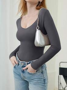 V Neck Long Sleeve Bodysuit - Comfy Double Lined Basic Top - Dark Grey - View 4
