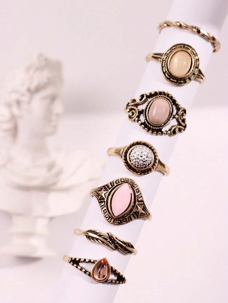 7pcs/Set Vintage Unique Luxurious Old Money Style Exquisite Bohemian Antique Gold Colored Gemstone Ring Set, For Women Daily Wear, Festivals & Parties