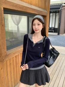 女士二合一连帽长袖T恤，高领，刺绣装饰，修身版型，2025秋季款 - 寶藍色 - 查看 4