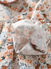 年轻女孩宽松碎花翻领长袖连衣裙，学院风 - 橘色 - 查看 4