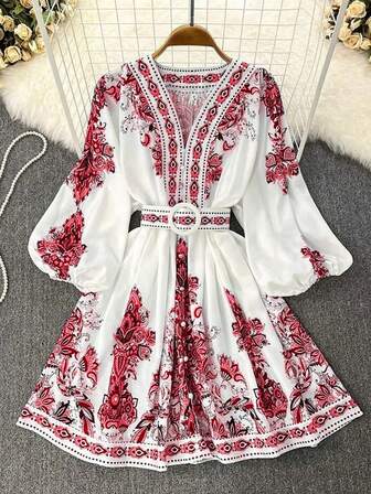 Women's Autumn Clothing, Floral Print Lantern Sleeve Button, Half-Open Dress, Suitable For Commuting, Daily Wear, Valentine's Day, Outdoor, Female Teacher Clothing, Christmas Clothing