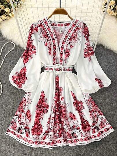 Îmbrăcăminte de toamnă pentru femei, imprimeu floral cu mânecă tip felinar cu nasturi, rochie pe jumătate deschisă, potrivită pentru naveta, purtare zilnică, Ziua Îndrăgostiților, activități în aer liber, îmbrăcăminte pentru profesoare, îmbrăcăminte de Crăciun, primăvară, vacanță, elegantă