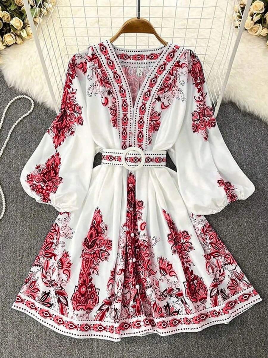 Gaun Musim Gugur Wanita, Gaun Elegan dengan Lengan Lentera Bermotif dan Kancing Setengah Terbuka di Bagian Depan - Merah - View 1
