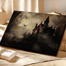 1pc Gothic Wall Art, Spooky Wooden Framed Wall Art, Wrapped Canvas Vintage Prints Poster, Haunted House, Full Moon, Bats Flying - Vintage, Black And White, Vintage Horror, Eerie Atmosphere Style, Home Living Room Bedroom Ofice Wall Decor, Birthday Party Decor, Hanging Hardware Included - Wrapped Framed Canvas, Horizontal - Khung vải - Xem 2