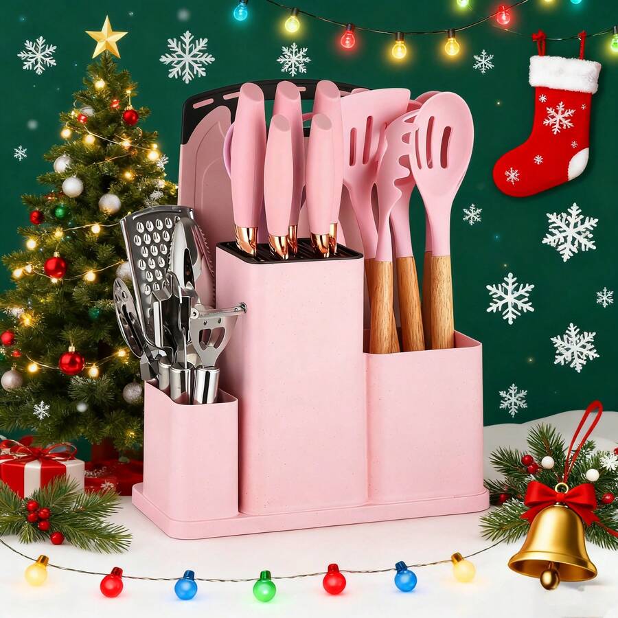20PCS Silicone Stainless Steel Cooking Utensils-Multifunctional Kitchen Utensil Set, Wooden Handles Kitchen Gadgets Tools Set,Stainless Steel Kitchen Gadgets Accessories, Chef Knife Set,Perfect Kitchen Cooking Tools - Hồng - Xem 1