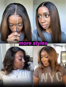 Wigs Pre Everything 13x4 蕾丝前置自然黑至栗棕渐变色 Yaki Bob 假发，预剪预拔预漂白透明蕾丝，易于造型，100% 真人发，齐肩长度，Unice Hair - SNATURAL/33 - 查看 7