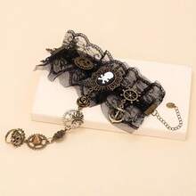 1pc Vintage Pirate Steampunk Gear Lace Skull Mechanical Finger Ring & Bracelet Set For Women